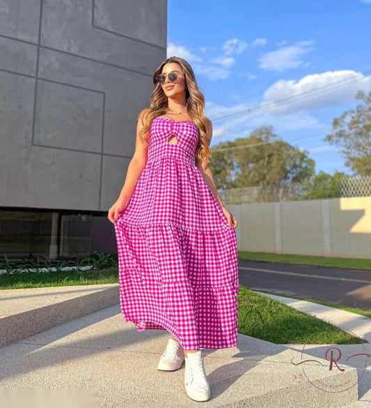 PINK GINGHAM COTTON TIERED MAXI DRESS