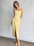 Square Neck Ruched Slit Maxi Dress