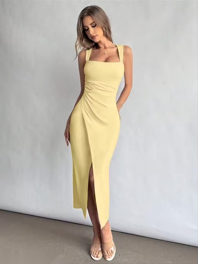 Square Neck Ruched Slit Maxi Dress