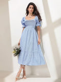Blue Striped Puff Sleeve Tie-Back Maxi Dress