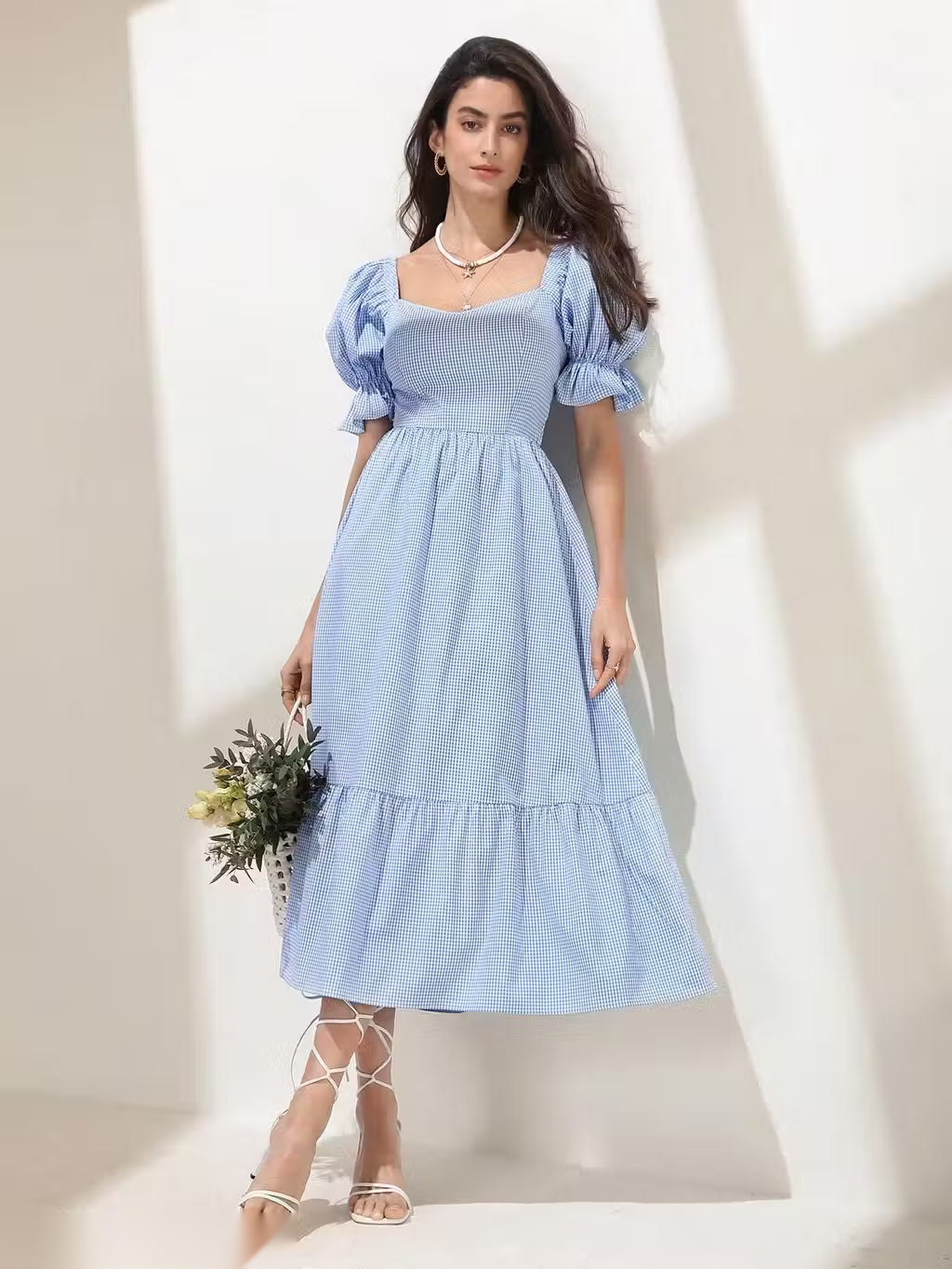Blue Striped Puff Sleeve Tie-Back Maxi Dress