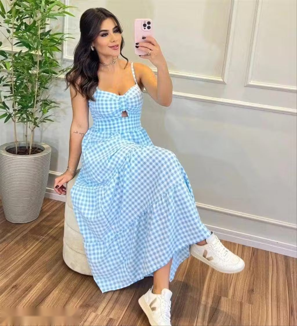 Blue Gingham Cotton Tiered Maxi Dress