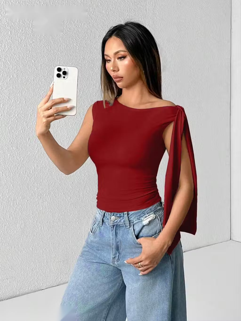 One Shoulder Crop Top with Scarf