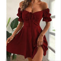 Maroon Off-Shoulder Ruched A-Line Mini Dress