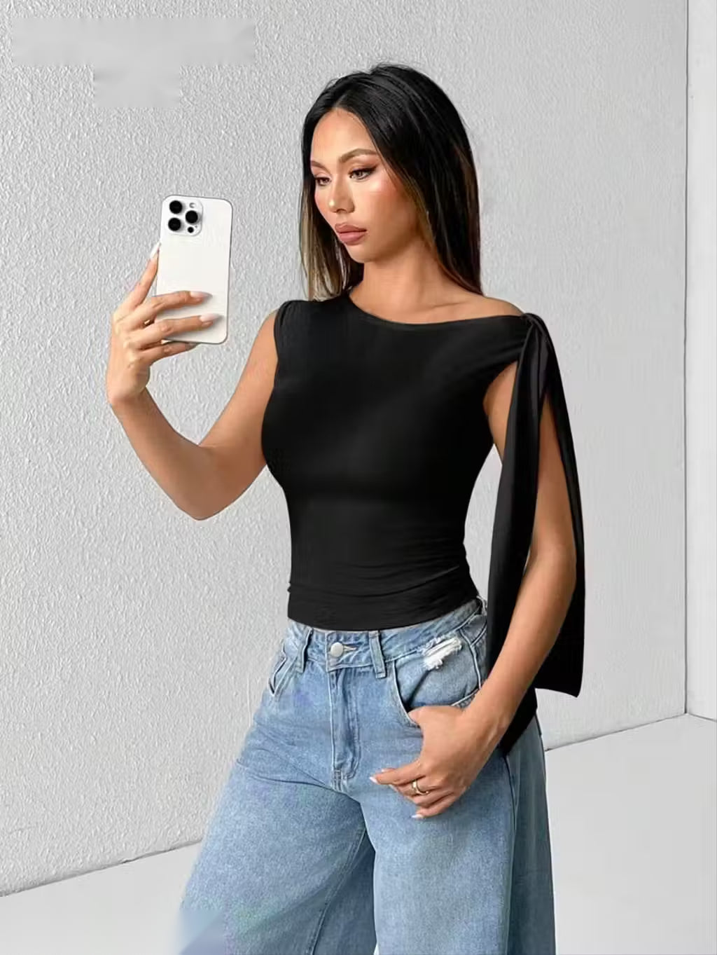 One Shoulder Crop Top with Scarf