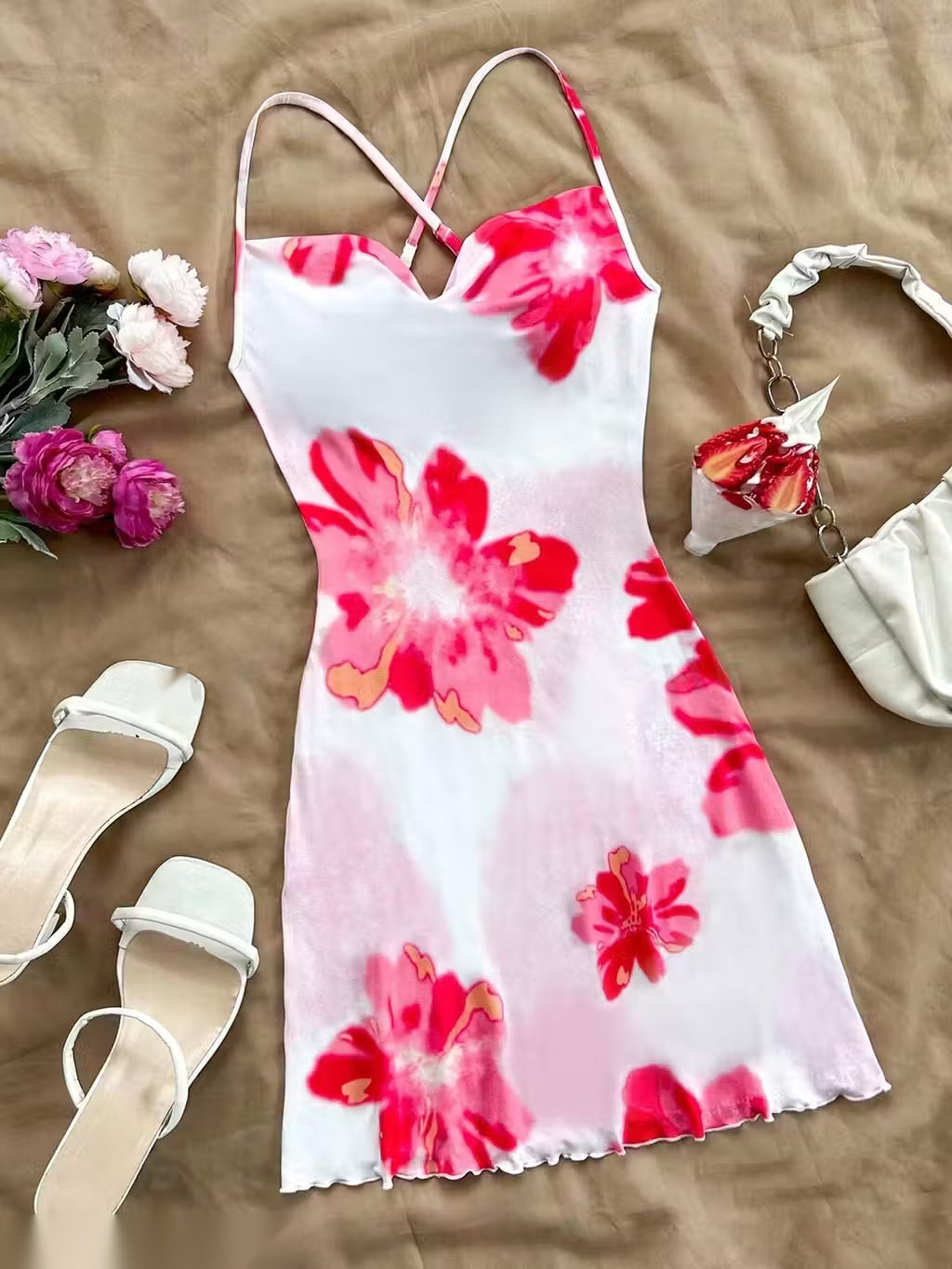 Pink Floral Strappy Mini Dress