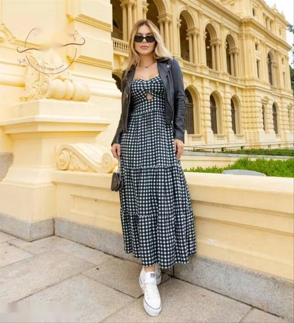 Blue Gingham Cotton Tiered Maxi Dress