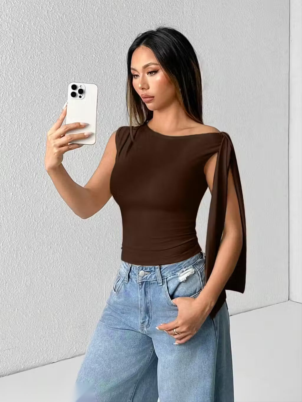 One Shoulder Crop Top with Scarf