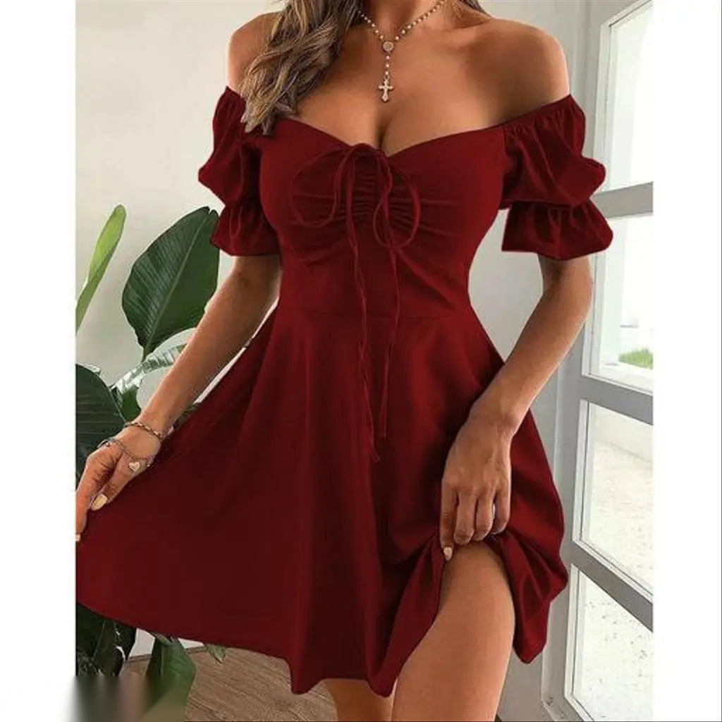 Maroon Off-Shoulder Ruched A-Line Mini Dress