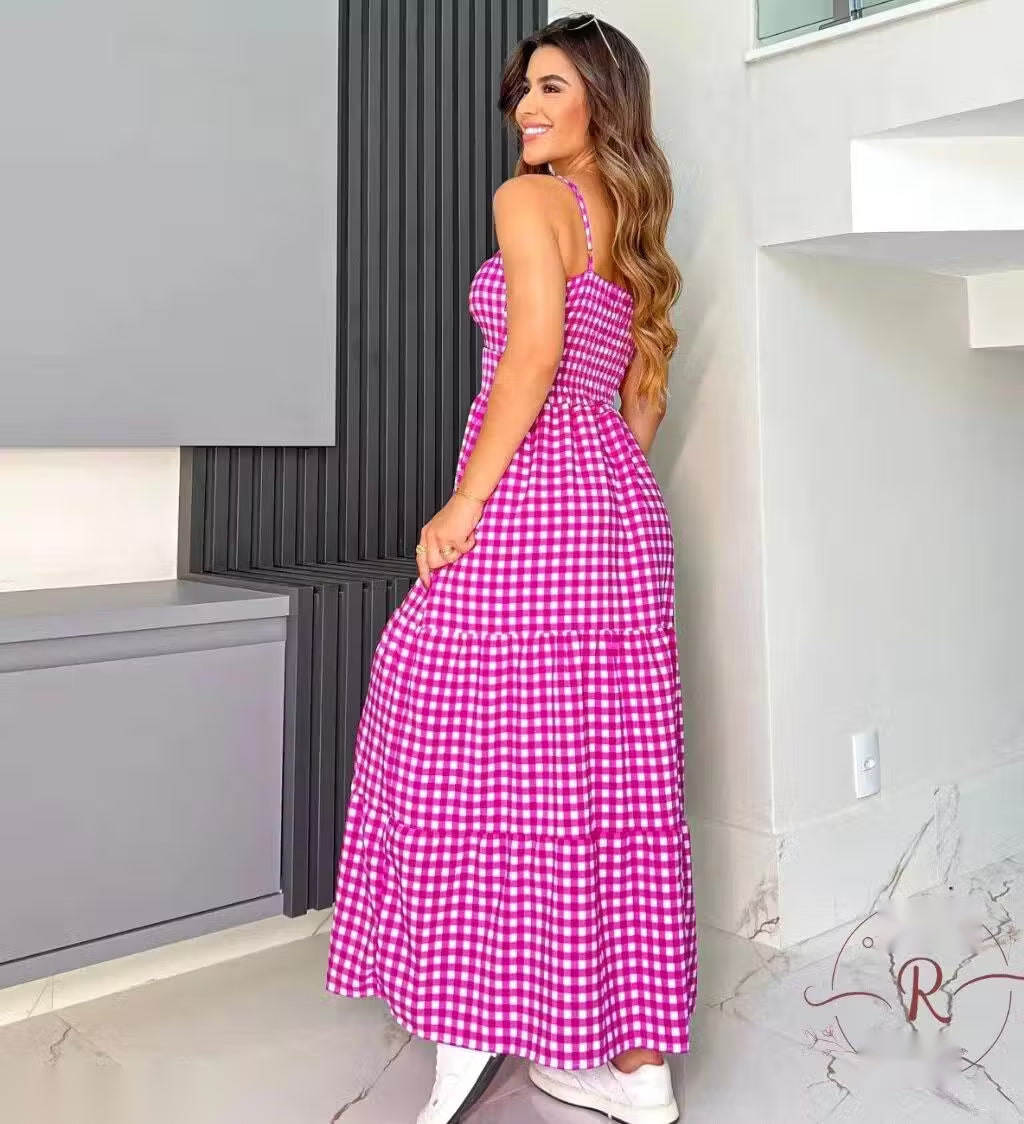 PINK GINGHAM COTTON TIERED MAXI DRESS