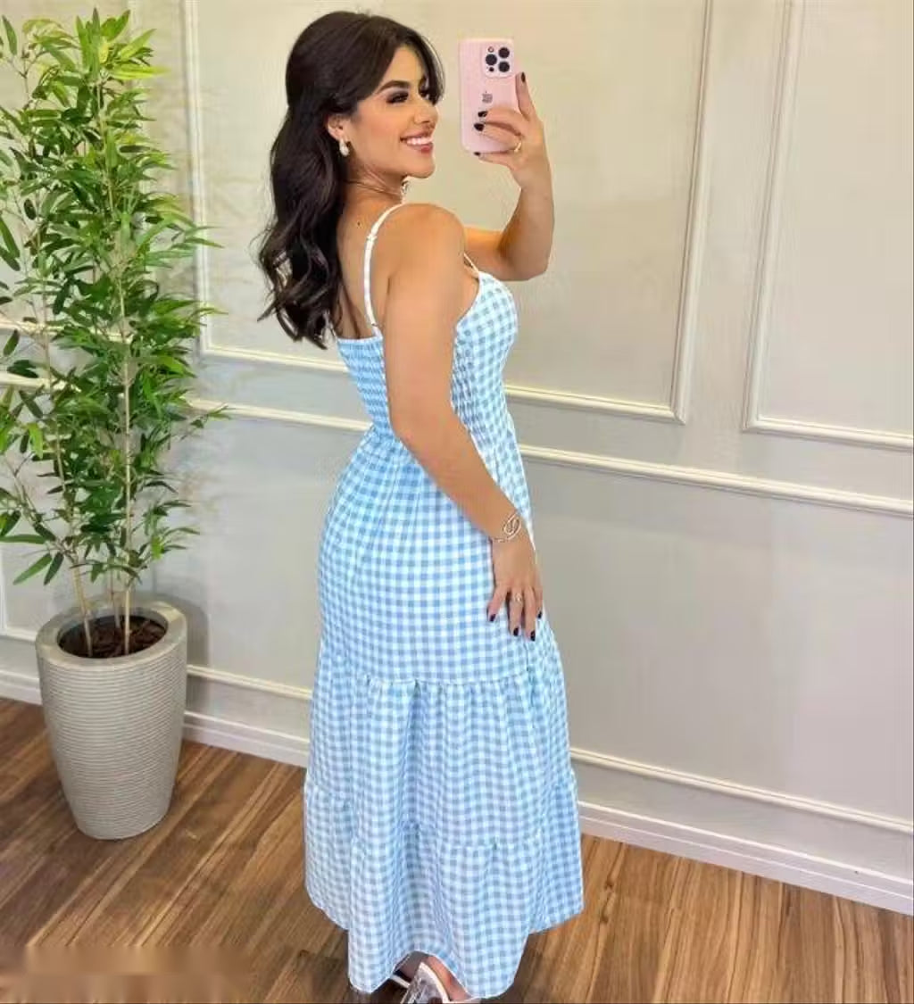 Blue Gingham Cotton Tiered Maxi Dress