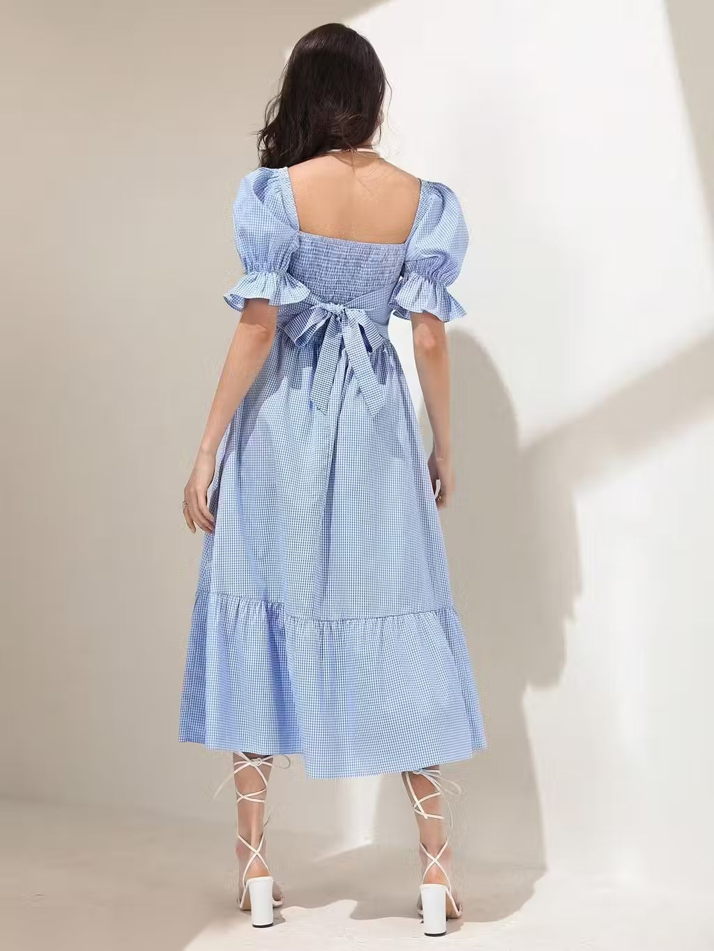 Blue Striped Puff Sleeve Tie-Back Maxi Dress
