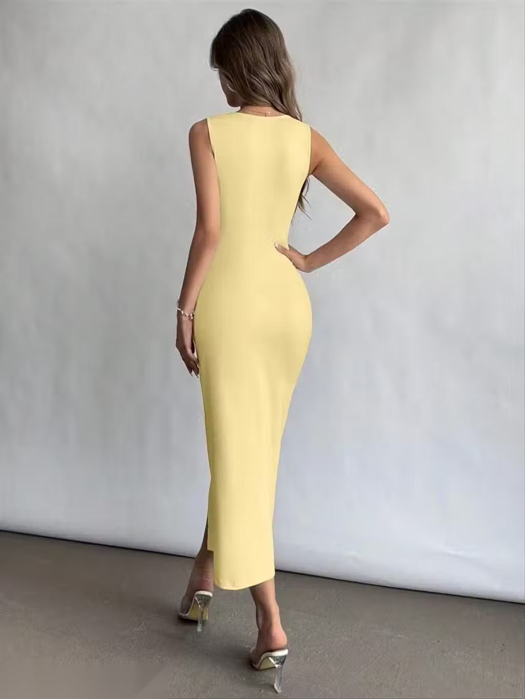 Square Neck Ruched Slit Maxi Dress