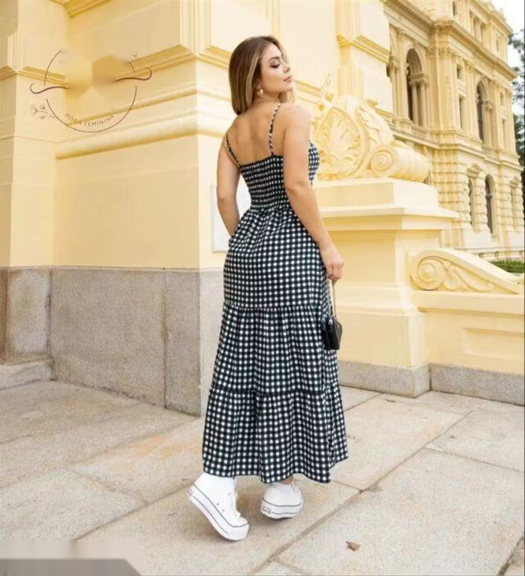 Blue Gingham Cotton Tiered Maxi Dress