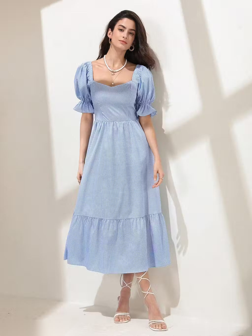 Blue Striped Puff Sleeve Tie-Back Maxi Dress