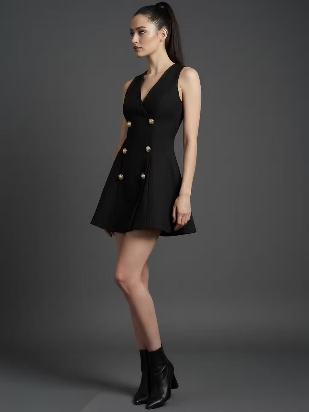 Black Gold Button Fit & Flare Mini Dress |