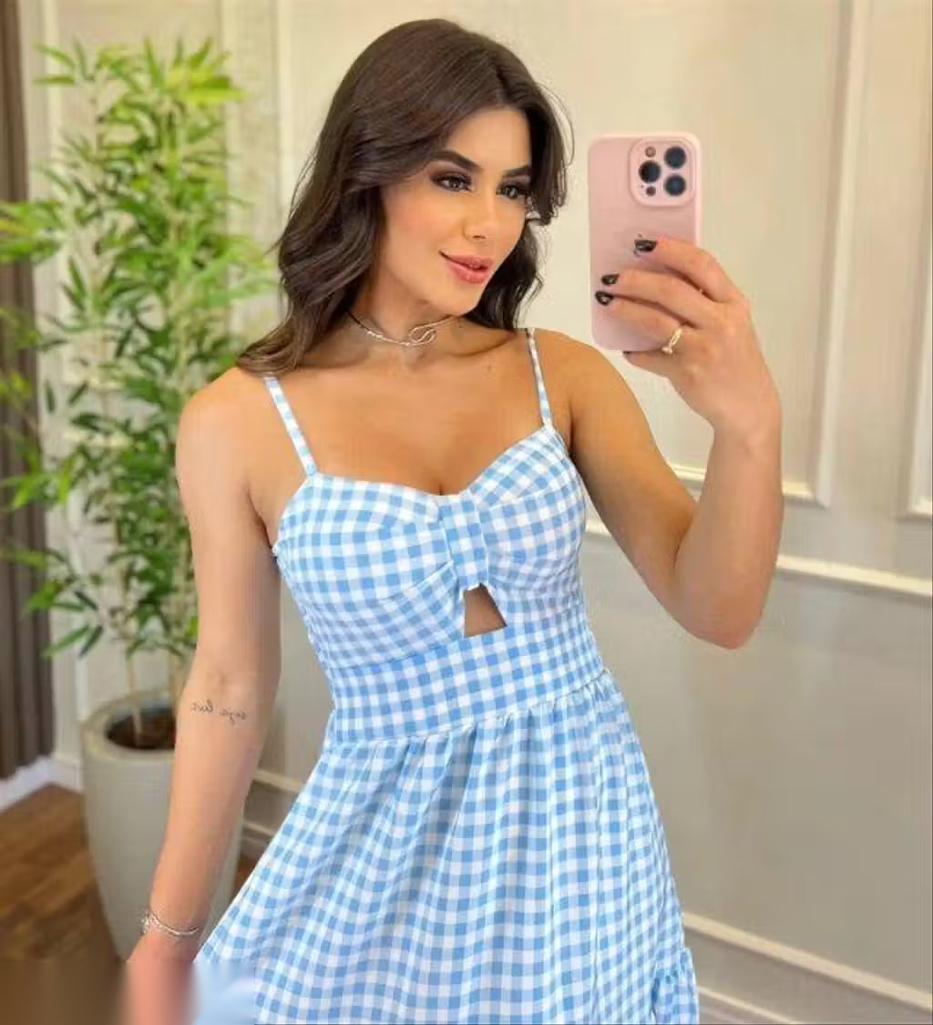 Blue Gingham Cotton Tiered Maxi Dress
