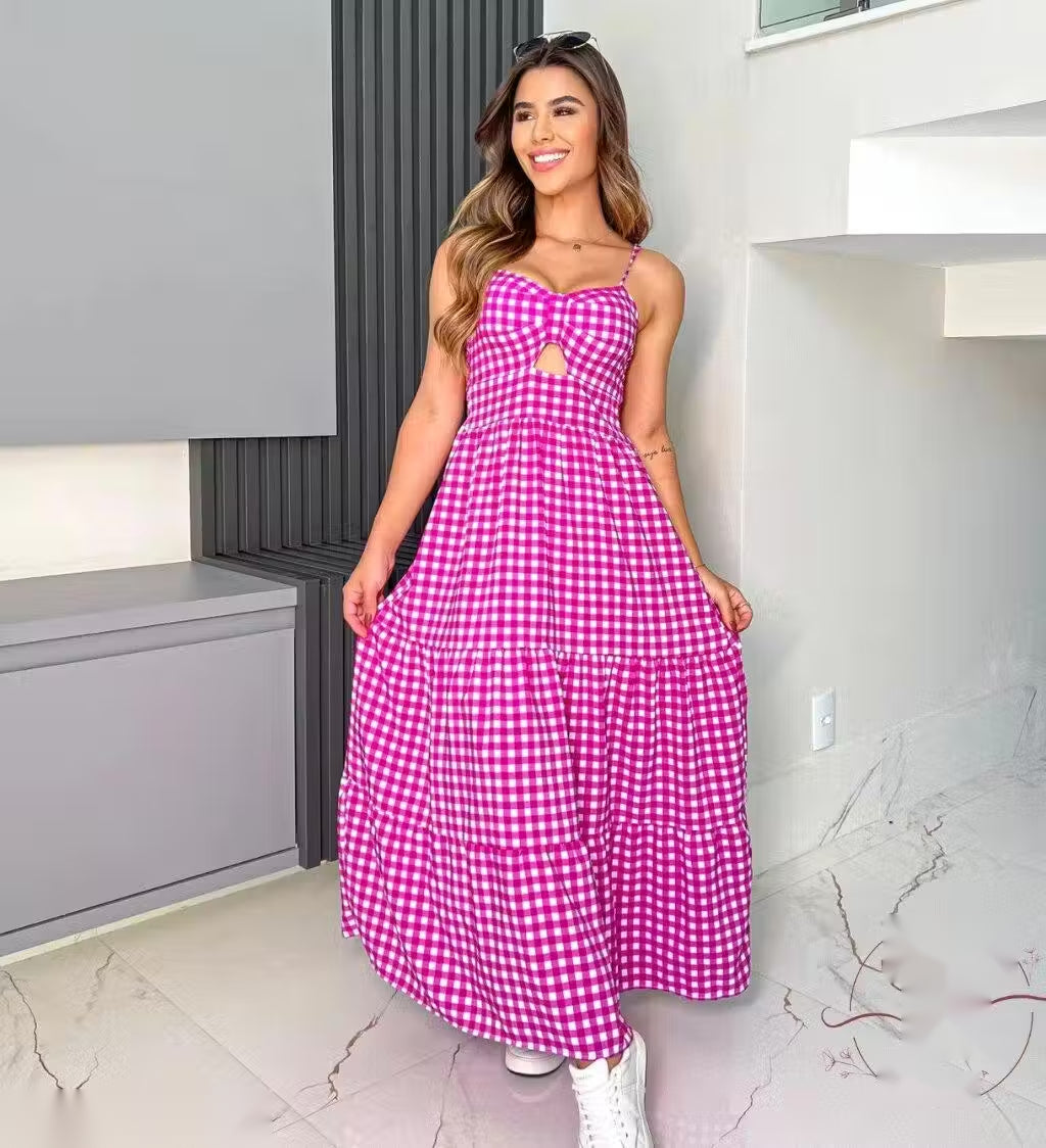 PINK GINGHAM COTTON TIERED MAXI DRESS