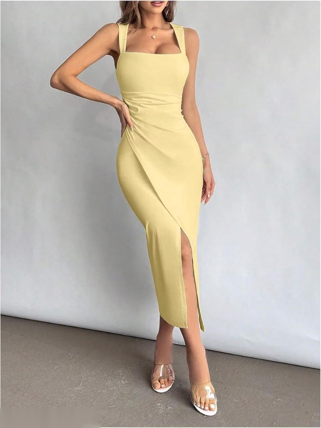 Square Neck Ruched Slit Maxi Dress