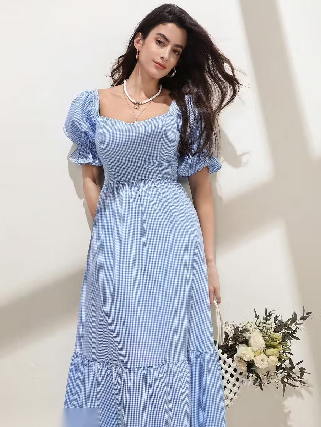 Blue Striped Puff Sleeve Tie-Back Maxi Dress
