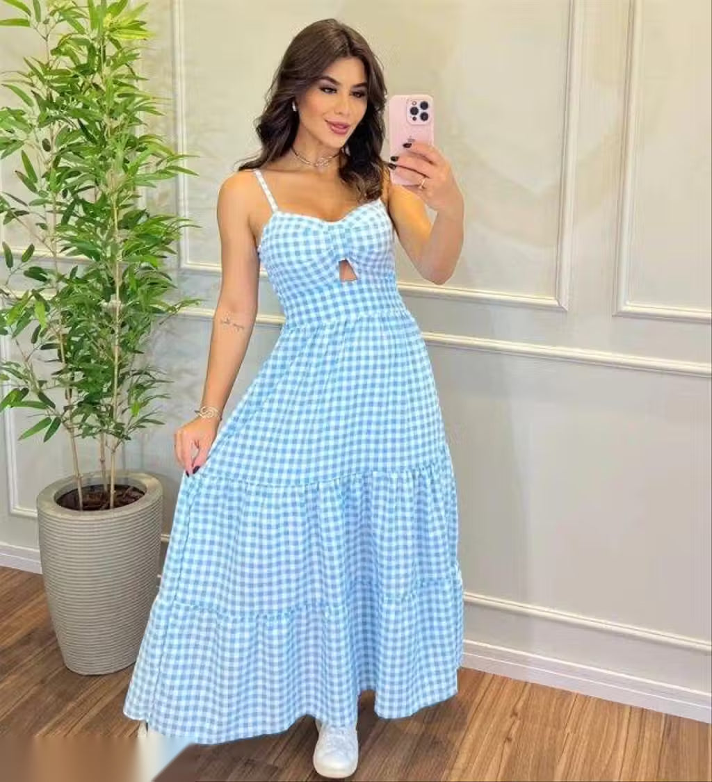Blue Gingham Cotton Tiered Maxi Dress