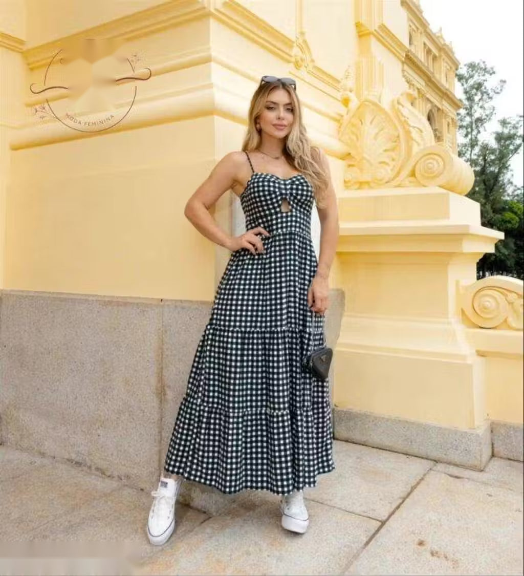 Blue Gingham Cotton Tiered Maxi Dress