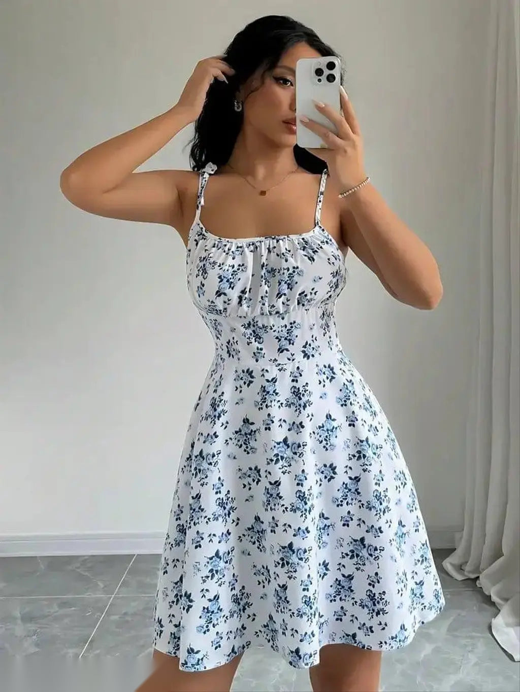 White Floral Tie Shoulder Mini Dress